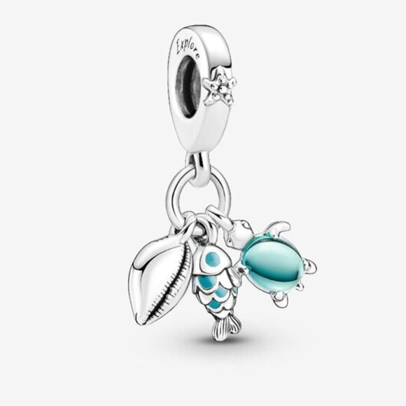 Pandora Fish, Sea Turtle & Conch Triple Dangle Charm - Picture 1 of 6